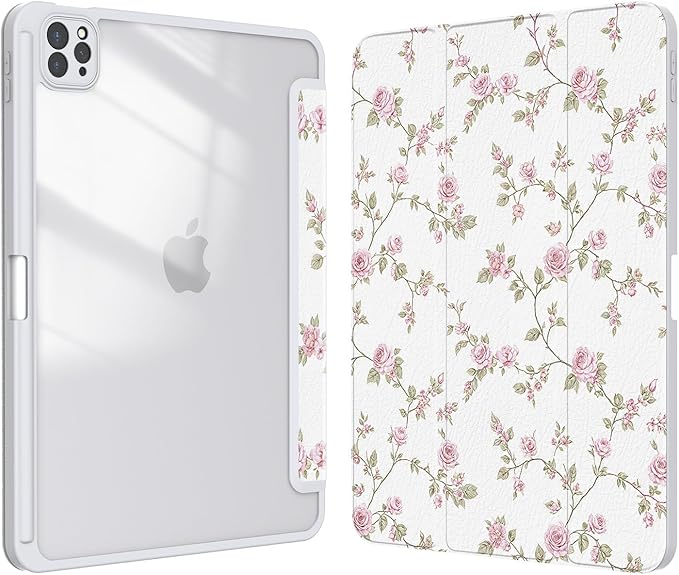 Case for iPad Pro 11 inch 4th/ 3rd/ 2nd / 1st Generation (2022/2021/2020/2018), Case with Pencil Holder, Stand Clear Back Cover Cute Cool Design for Women Girls, Auto Sleep/Wake, Pink Flower