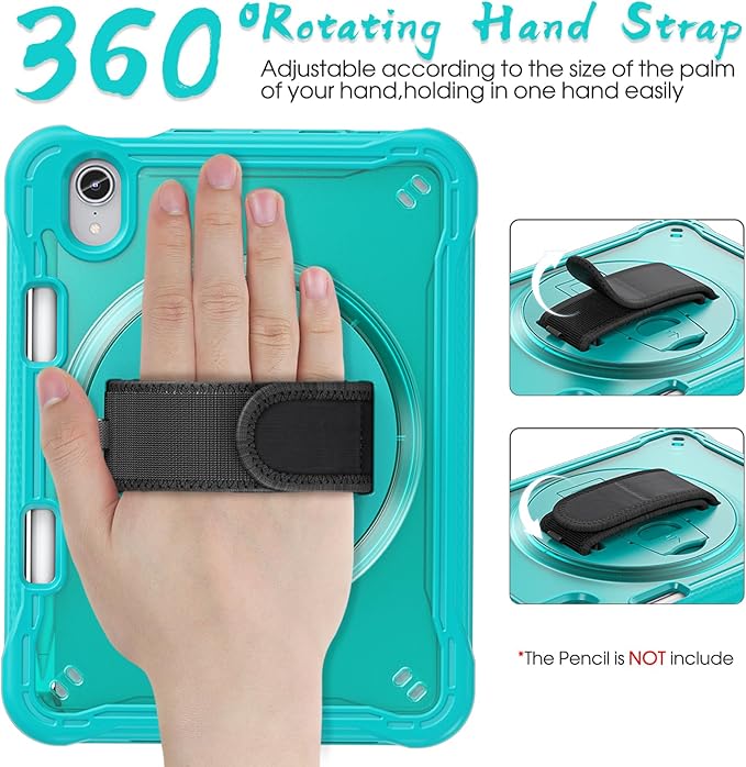BRAECNstock Case for iPad mini 7 (A17 pro) 2024 & Mini 6 2021 8.3-inch,Shockproof Protective Cover with Pencil Holder,Screen Protector,360° Rotating Hand Strap/Stand-Light Blue