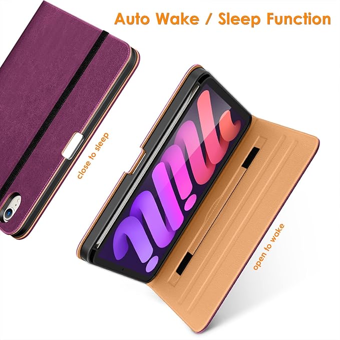 DTTO for iPad mini 7th (A17 Pro) 2024/iPad Mini 6th Generation Case 2021 8.3 Inch, Premium Leather Business Folio Stand Cover for Mini 7/6 with Pencil Holder-Multiple Viewing Angles, Purple