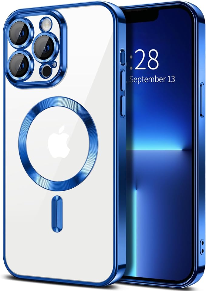 Hython Magnetic Clear for iPhone 13 Pro Case with Camera Lens Protector [Compatible with MagSafe] Luxury Plating Edge Slim Soft TPU Cover Protective Phone Case for iPhone 13 Pro 6.1", Deep Blue