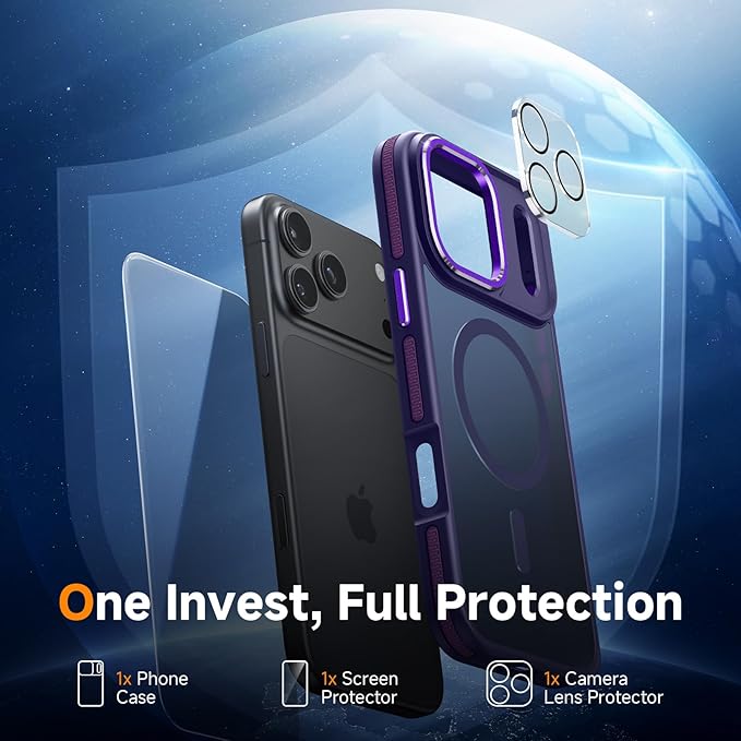 Magnetic 3 in 1 for iPhone 17 Pro Case, [Omni-Directional Protection] with 1x Screen Protector + 1x Camera Cover, [Seamless Work with Magsafe] Shockproof Slim Thin Matte Case for iPhone 17 Pro Purple