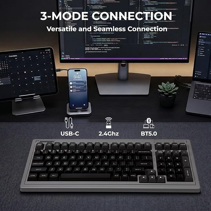 FL·ESPORTS OG98 Retro Tri-Mode Mechanical Keyboard, 96% Gasket Mount Hot Swappable Gaming Keyboard, SA Profile PBT Keycaps, 4000mAh for Mac/PC - Silent Switches | Brown