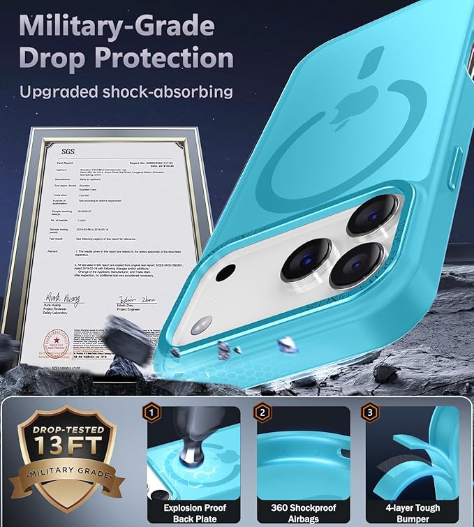Newfuture Magnetic for iPhone 17 Pro Max Case [Compatible with Magsafe] [Military Grade Drop Protection] Translucent Matte Anti-Scratch Shockproof Protective Phone Cover 6.9 Inch, Lake Blue