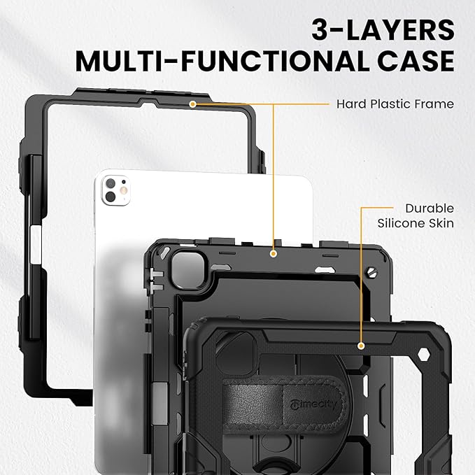 timecity Case for iPad Pro 13 Inch M5 2025 / M4 2024, 360° Rotating Stand, Pencil Holder & Wireless Charging, Shockproof with Screen Protector & Shoulder Strap - for Designers & Professionals, Black