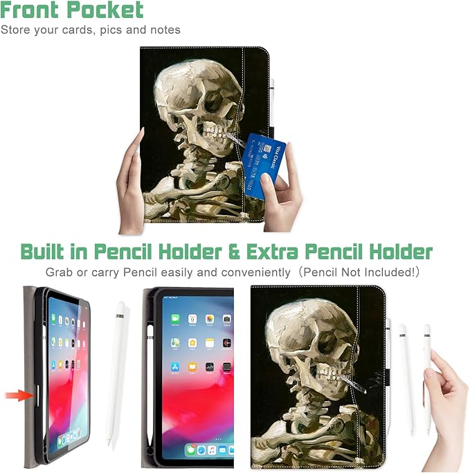 for iPad (A16) 11Th/10Th Generation Case 2025/2022, for iPad Case 11Th/10Th Generation, 10Th/11Th Gen iPadCase Cover Pencil Holder/Hand Strap/Pocket/Adjustable Stand, Halloween Skull