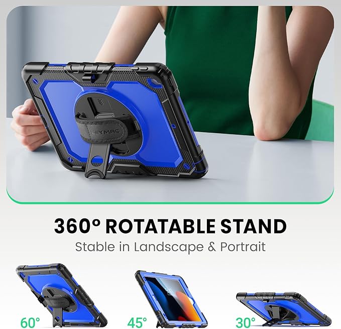 SEYMAC for iPad 9th/8th/7th Generation Case 10.2" 2021-2019, Full-Body Shockproof Heavy Duty Protective Case with Screen Protector, Rotating Stand/Handle/Shoulder Strap for iPad 10.2, Black/Blue