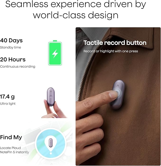 Plaud NotePin S AI Voice Recorder, Wearable AI Notetaker, AI Transcribe & Summarize, Support 112 Languages, 64GB Audio Recorder for Meetings Interviews, Professionals, Teams, with 4 Accessories