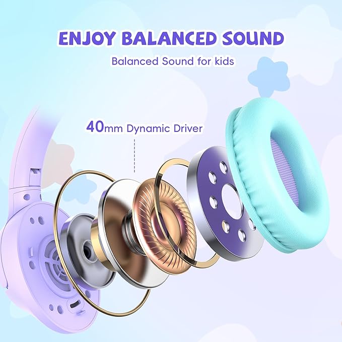 Kids Wired Headphones for School, 85/94 dB Volume Limit, Wired Over Ear Headphones for Girls Kids with Microphone, Foldable Stereo Sound 3.5mm Wire Cord for Kindle Tablet Airplane Travel, Purple