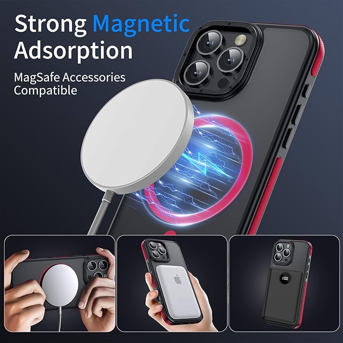 Strong Magnetic for iPhone 16 Pro Max case [10Ft Military-Grade Protection] Compatible with fit MagSafe Shockproof Slim Thin Cover case for iPhone 16 Pro Max 6.9 inch, Bumper Red