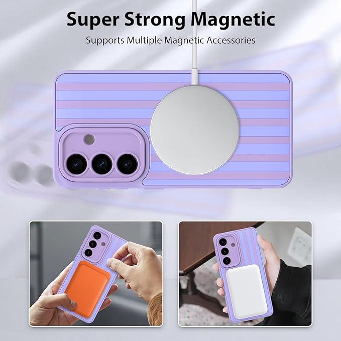 KANGHAR Compatible with Samsung Galaxy S26 Case, Support for MagSafe, Silicone Stripes Cute Pattern, Wristband Kickstand Camera Protection Soft Slim Cover for Girls Women -Purple