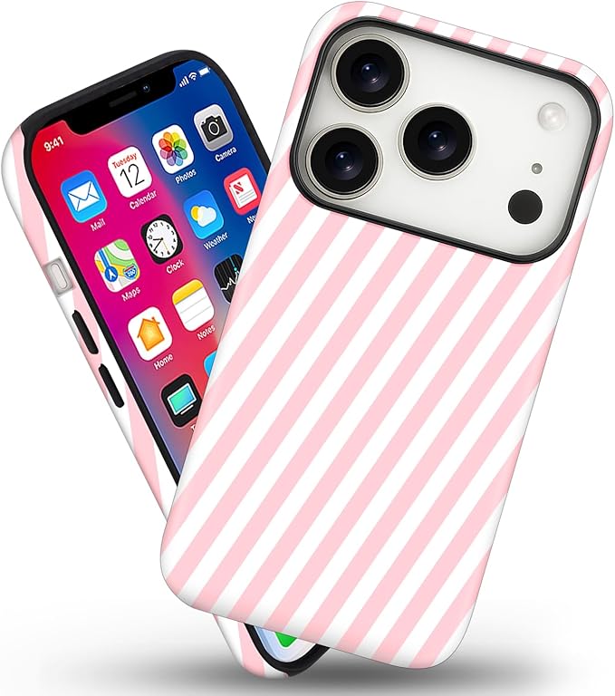 Magnetic for iPhone 17 Pro Case Cute Diagonal Stripes Phone Case, Shockproof Slim TPU and Hard PC Protective Phone Cover Compatible with MagSafe Designed for Women Girls,Pink