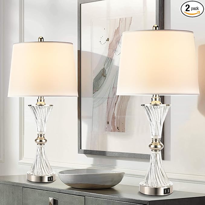 Hamucd Touch Control Table Lamp for Bedrooms 3 Way Dimmable White Drum Shade Modern Bedsides Nightstand lamp Set of 2 with 2 USB Charging Port(Bulbs Included)