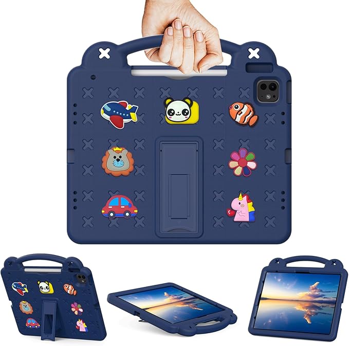 Kids Case for iPad Air 13 inch M3 2025/M2 2024,iPad Pro 13 inch M4 2024 & iPad Pro 12.9 inch Case 6th/5th/4th/3rd Gen 2022 2021 2020 2018 with Stand/Pencil Holder/Handle, Navy Blue Bear