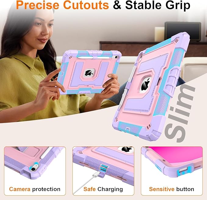 DreamerX Case for iPad A16 11th Generation 11 inch 2025 for Girls Kids, iPad 10th Gen 10.9 inch 2022 Girly Women Cute Silicone Protective Cover with Stand/Shoulder Strap/Pencil Holder Purple Rose Gold