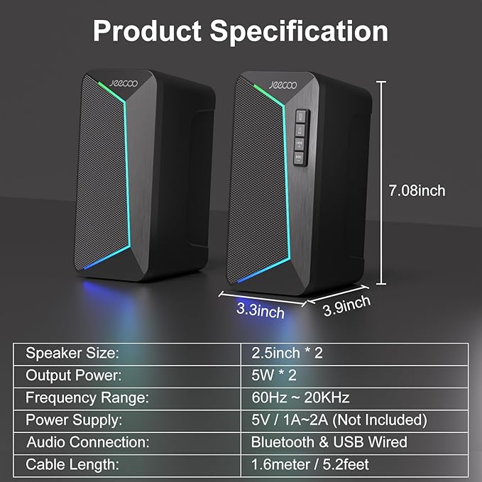 Jeecoo M30 Bluetooth Computer Speakers, RGB PC Gaming Speakers for Desktop with Crisp Stereo Sound, Dynamic LED Modes, Easy-Access Control, 10W - USB-Powered (Not 3.5mm Aux)
