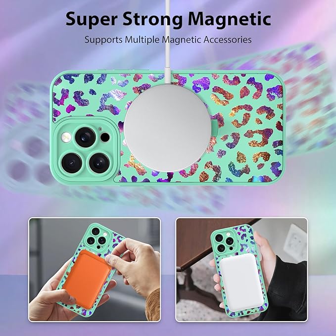KANGHAR Compatible with iPhone 15 Pro Case, Support for MagSafe, Silicone Cute Iridescent Leopard Cheetah Pattern, Wristband Kickstand Shockproof Protective Slim Cover for Women Girls, Green