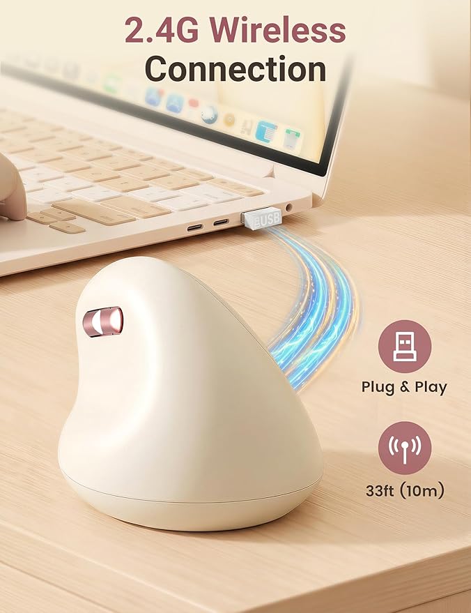 Ergonomic Vertical Wireless Mouse, 57° Natural Handshake for Wrist Pain Relief, Rechargeable 2.4G USB Computer Mouse, Quiet Click, 800/1200/1600 DPI, for Laptop PC Mac, Small/Medium Hands (Beige)