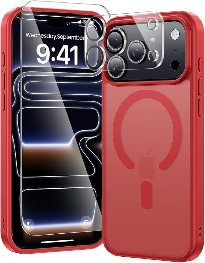 toushion 3 in 1 for iPhone 17 Pro Max Case Matte Red,Fits MagSafe, Screen Protector*1 Camera Lens Protector*1,Matte Skin Feeling Back, Cover Military-Grade Protection