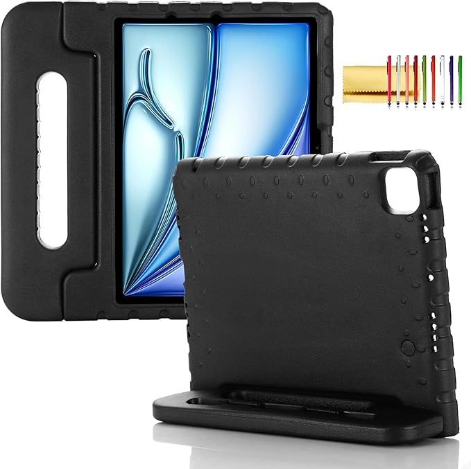 Kids Case for iPad Pro 11" M5/M4 & iPad Air 11" (2026/2025/2024) Shockproof Case with Pencil Holder, Techcircle Light EVA Foam Handle Stand Bumper Protective Child Friendly Drop Proof Cover, Black
