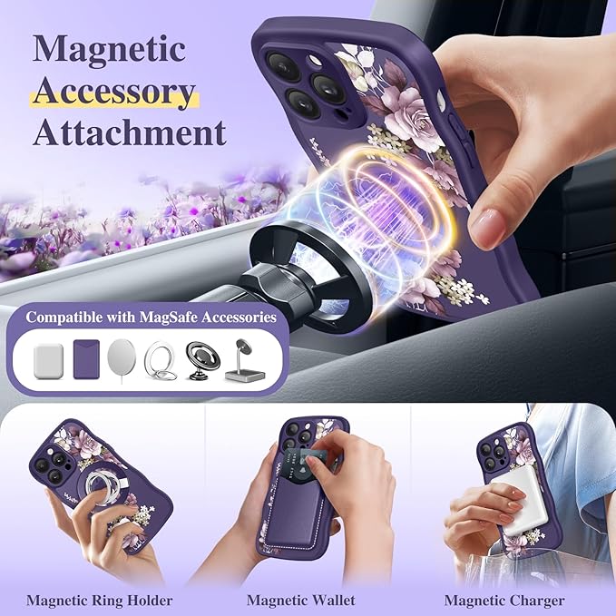 GVIEWIN for iPhone 14 Pro Max Case Compatible with MagSafe [Curly Wave Edge][Full Camera Protection] Floral Translucent Shockproof Magnetic Women Phone Case for 14 Pro Max, Cherry Blossoms/Deep Purple