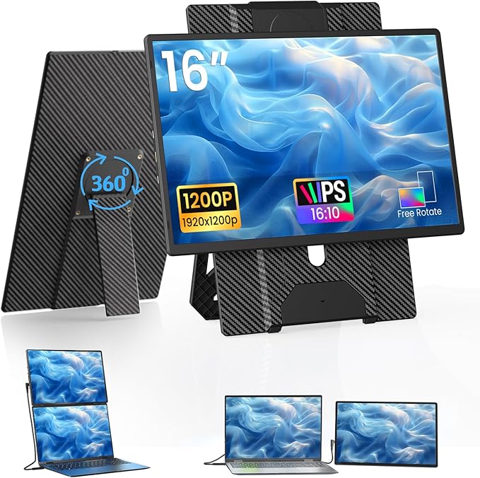 Laptop Screen Extender Portable Monitor - Dual 16" 1200P FHD Travel Monitor Fit for 13-17" Laptops Plug & Play 360° Rotating Detachable Stand Height Adjustable for Travel/Work/Study