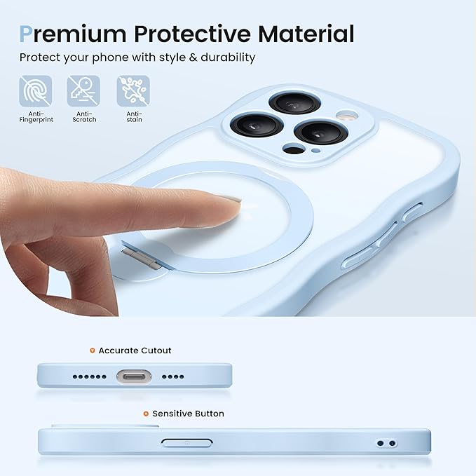 CAPRARO for iPhone 13 Pro Max Case with 360° Spin Magnetic Stand for Women, [Compatible with MagSafe] [Full Camera Protection] Cute Wave Translucent Matte Case for iPhone 13 Pro Max, Light Blue