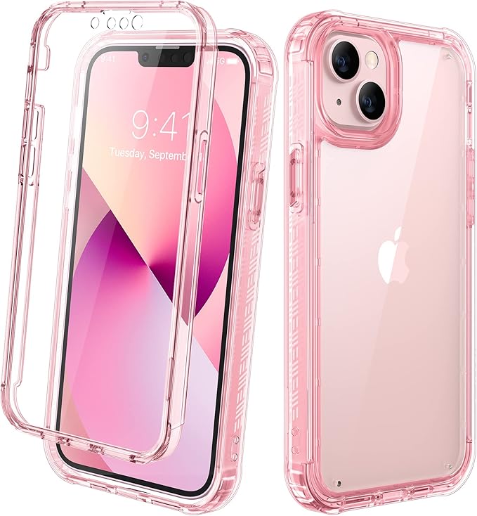 Diaclara Designed for iPhone 13 Case, Full Body Rugged with Built-in Touch Sensitive Anti-Scratch Screen Protector, Soft TPU Bumper Case for iPhone 13 6.1" (Clear Pink)