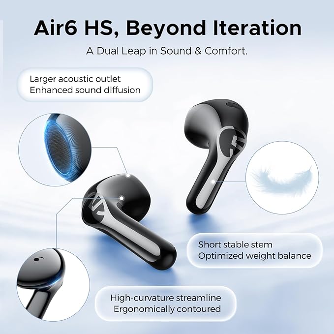 SoundPEATS Air6 HS Wireless Earbuds, Bluetooth 6.0, LDAC Hi-Res Audio for HiFi Sound, 13mm Dynamic Driver, Total 45H, Quick Charging, IPX5 Resistant, Comfortable Fit, ENC Noise Canceling, Support App