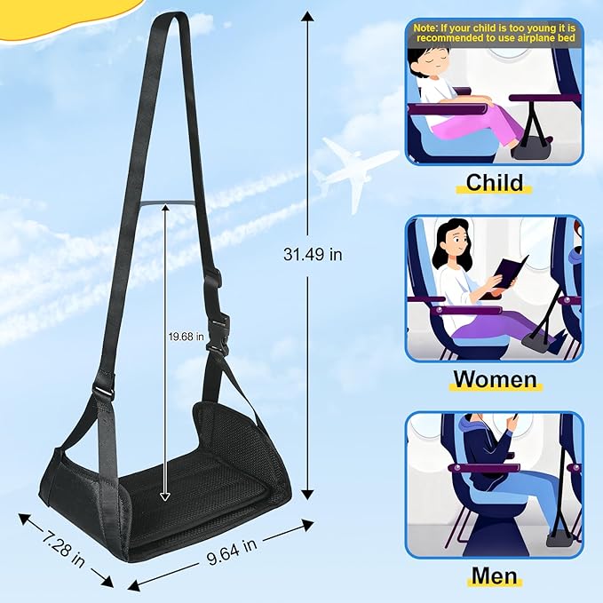 Airplane Foot Hammock for Plane Travel, Detachable Bamboo Airplane Foot Rest for Long Flight, Desk Foot Hammock with Extended Adjustable Strap to Relax Your Feet, Foot Sling Travel Essentials