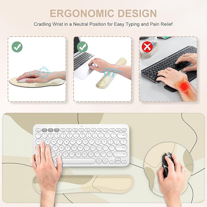 iCasso Large Gaming Mouse Pad Wrist Support Set, Desk Mat, 4in1 XXL Mousepad + Keyboard Wrist Rest+Mouse Wrist Rest+Coaster Set with Ergonomic Design for Home Office Table Computer-Brown Art