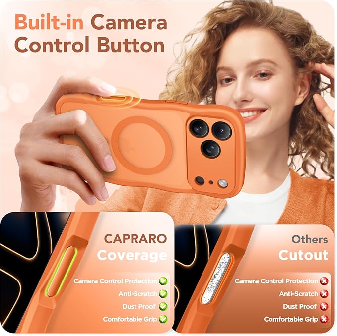 CAPRARO Magnetic for iPhone 17 Pro Case for Women Girls, Upgraded [Full Camera Protection] [Compatible with MagSafe] Cute Wave Translucent Matte Phone Case for iPhone 17 Pro, Cosmic Orange