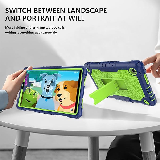 Case for for AT&T Amigo Jr. Tab 8 inch Tablet 9136K - [Built-in Kickstand] Anti Slip Kids Friendly Shockproof Silicone Protective Cover (Navy/Green)
