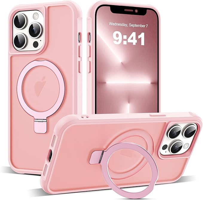 SKYLMW Compatible with iPhone 12 Pro Max Case & iPhone 13 Pro Max Case with Invisible Magnetic O-Ring Stand Translucent Phone Cases 6.7" [Compatible with Mag-Safe][Great Grip Feeling], Pink