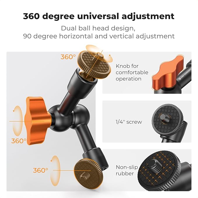 K&F CONCEPT 6" Magic Arm 1/4" Screw 360°Ballhead Articulating Mini Arm Mount for Monitor, LED Light, Webcam