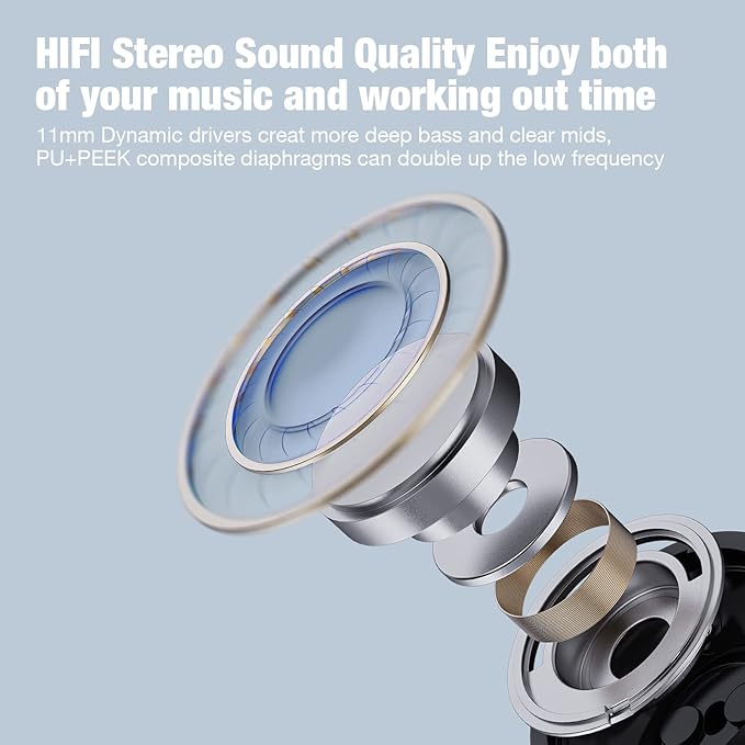 Boean Bluetooth Headphones, Wireless Headphones with 16 Hours Playtime Bluetooth 5.3 Wireless Earbuds HD Stereo Sound IPX7 Waterproof Earphones AI Music Generation Workout Headset for Running Sports