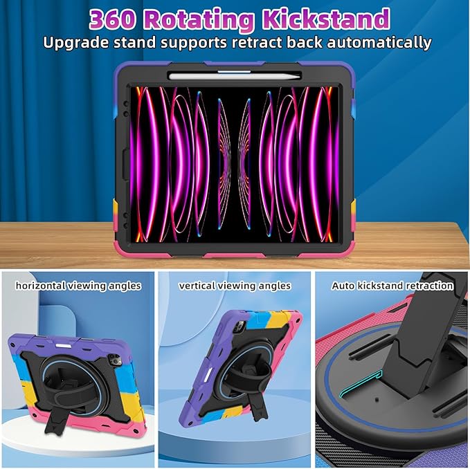 for iPad Pro 12.9 inch Case (6th/5th/4th/3rd Gen),Not fit iPad 12.9 2nd/1st Gen with Screen Protector for Kids with 360 Kickstand Hand Strap Pencil Holder [15ft Drop Protection]