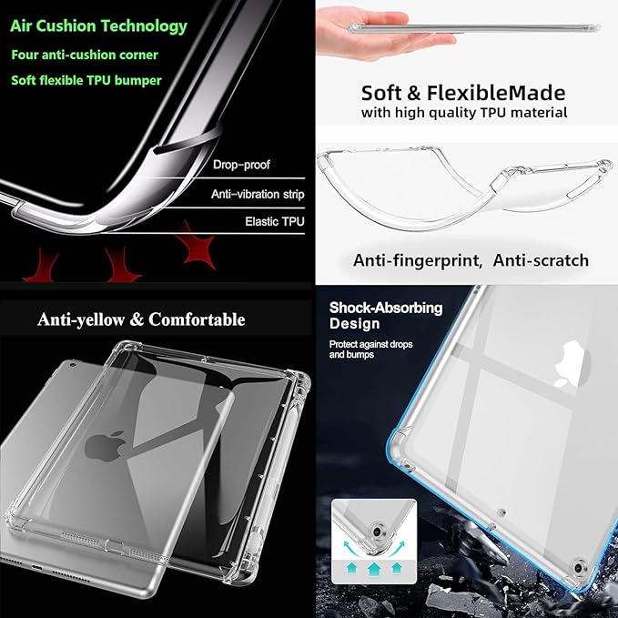 Clear Case for iPad 6th/5th Gen 9.7" (2018/2017) & iPad Air 1/Air 2 Cover (Air 1st/2nd Gen) & iPad Pro 9.7 2017 with Pencil Holder Crystal Transparent Shockproof Soft TPU Back Shell, Clear
