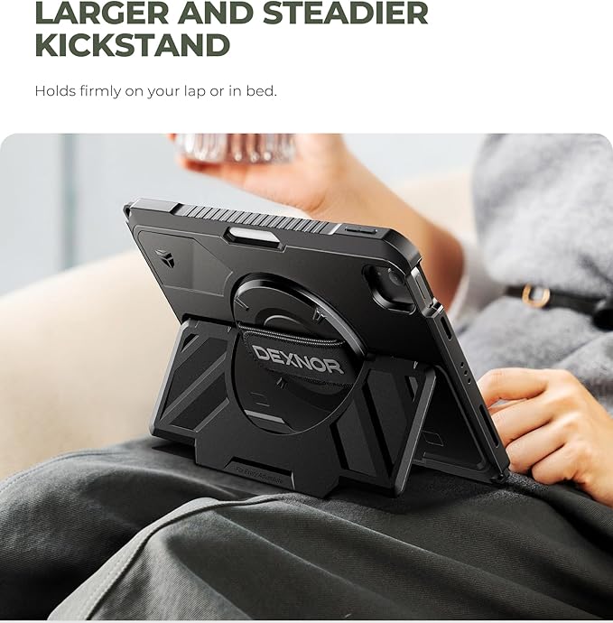Dexnor Case for iPad Air 11 inch M4/M3/M2, iPad Air 5th/4th Generation 10.9 inch Rugged Case with 360° Rotating Hand Strap & Stand & Screen Protector & Pencil Holder Shockproof Full-Body Cover, Black