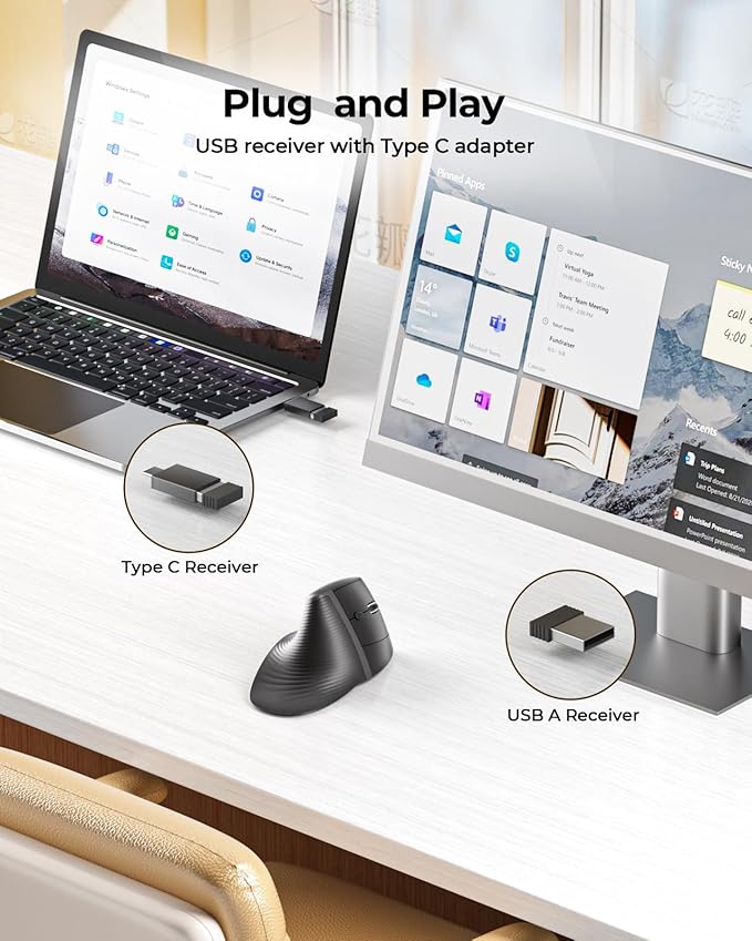 Seenda MOE302 Vertical Ergonomic Mouse with Palm Rest, Rechargeable Wireless Mouse for Wrist Pain Relief, One-Click Desktop Shortcut, Silent Click, 4 DPI, USB & Type-C Receiver, for Laptop & PC(Black)