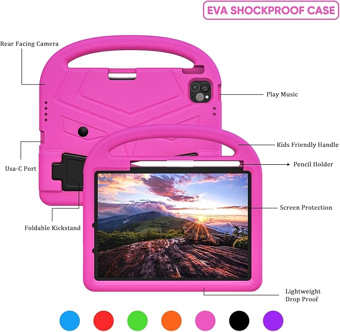 Kids Case for Apple iPad Pro 11 inch M5/M4 Tablet (2025/2024) with Pencil Holder/Handle/Kickstand Slim Lightweight Cute Soft EVA Foam Shockproof Stand Cover for Boys Girls Teens, Pink Bird