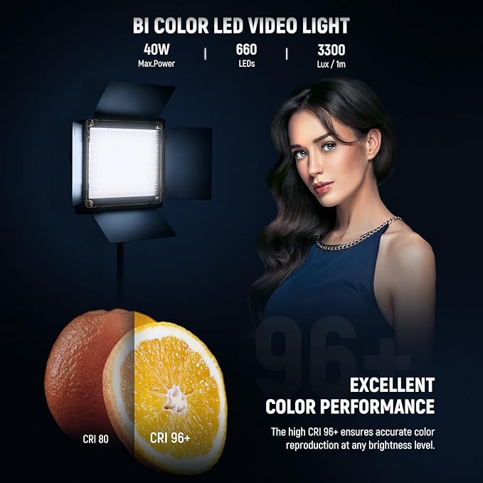 NEEWER Bi Color LED Studio Light with Tripod Stand Barndoors, Video Panel Key Lighting for Video Recording Streaming Photoshoot Photography, 660 LEDs 3200K-5600K 3300lx/1m Dimmable CRI96+, NL660