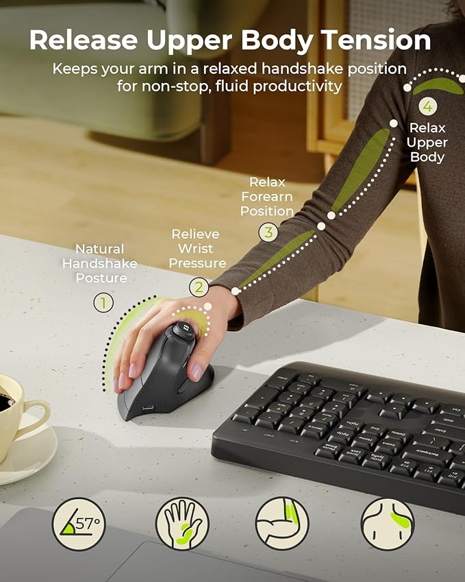 seenda Ergonomic Mouse Wireless, MOU-302 Bluetooth Vertical Mouse Rechargeable, Volume Knob, Silent Mice & 1000/1600/2400 DPI, 3 Multi-Device Connection for Windows/PC/Laptop/Mac/MacBook, Black