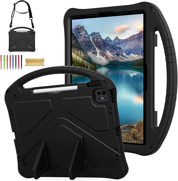 Kids Case for Apple iPad Air 13 M4 M3 M2 2026 2025 2024/ iPad Pro 13 M5 M4 2025 2024/ Pro 12.9" 2022/2021/2020/2018, EVA Shockproof Handle Kickstand Lightweight Cover with Shoulder Strap, Black