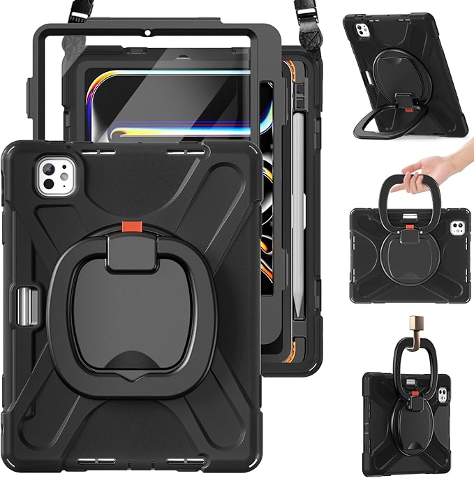 BRAECN Case for iPad Pro 11 (M4/M5) 2024/2025, Heavy Duty Silicone Cover with Screen Protector, Pencil Holder, Shoulder Strap, 360° Rotating Handle Grip, Stable Kickstand for iPad Pro 11 2024, Black
