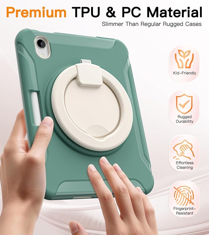 BATYUE Shockproof Case for iPad mini 7 (A17 Pro)/ Mini 6 8.3 inch (2024/2021) - 360° Multi-Angle Stand (Portrait & Landscape) & Grip, Built-in Pencil Holder, Jade Green