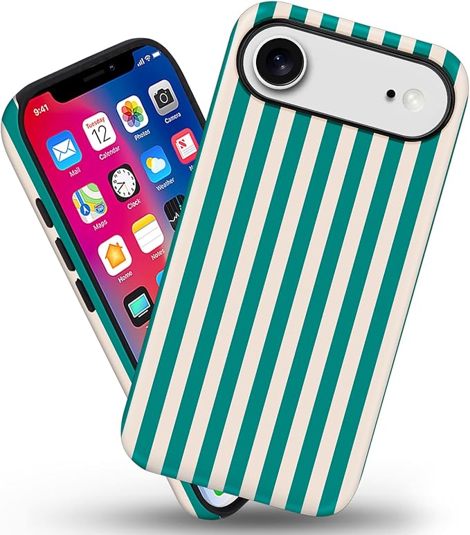 Magnetic for iPhone 17 Air Case Cute Stripes Phone Case, Shockproof Slim TPU and Hard PC Protective Phone Cover Compatible with MagSafe Designed for Women Girls, Emerald Green