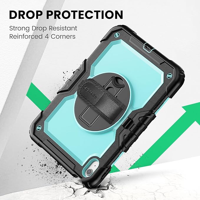 SEYMAC Case for iPad (A16) 11th/10th Generation 2025/2022 (11″/10.9″), Sturdy Heavy Duty Full-Body Shockproof Protective Case with Screen Protector, Rotating Stand, Hand/Shoulder Strap, Light Blue