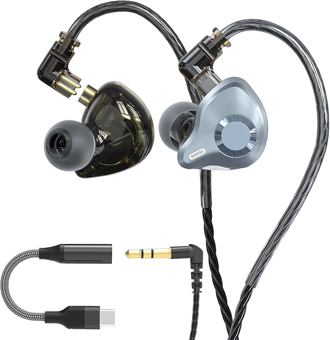 in Ear Monitor Headphones, HiFi IEM Wired Earbuds, Deep Bass Sound Isolating Earphones with USB C to 3.5mm Adapter and Detachable 2 Pin Cable for Singer/Musicians/Drummers