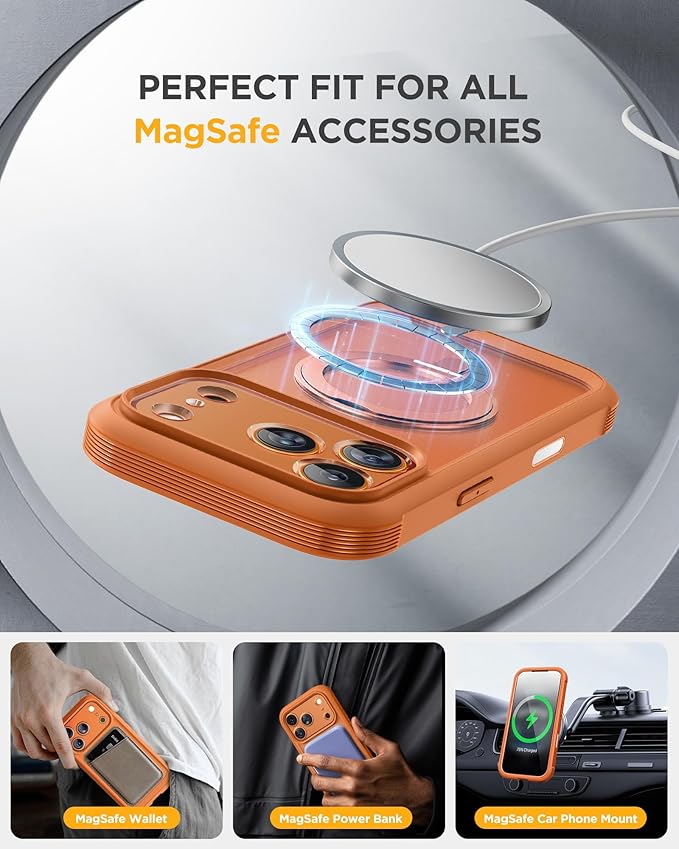 Miracase for iPhone 17 Pro Max Case with 360° Magnetic Ring Stand [Compatible with Magsafe] Full-Body Drop Proof Bumper Phone Case with Built-in 10H Tempered Glass Screen Protector,Orange