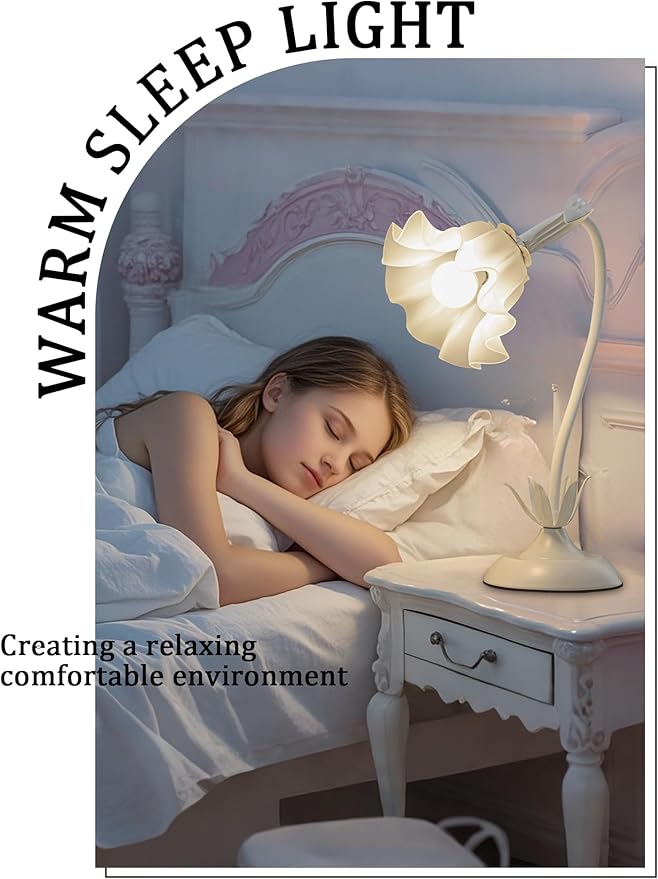 AQDZCNF Flower Table Lamp,LED Reading Light Bedside Vintage Flower Night Light,3 Colors Modes Kawaii Bedside Lamps Decor,Living Room Bedroom Room Lighting Table Lamps Home Decoration (White)